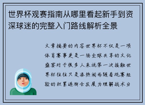 世界杯观赛指南从哪里看起新手到资深球迷的完整入门路线解析全景 世界杯观赛指南从哪里看起新手到资深球迷的完整入门路线解析全景