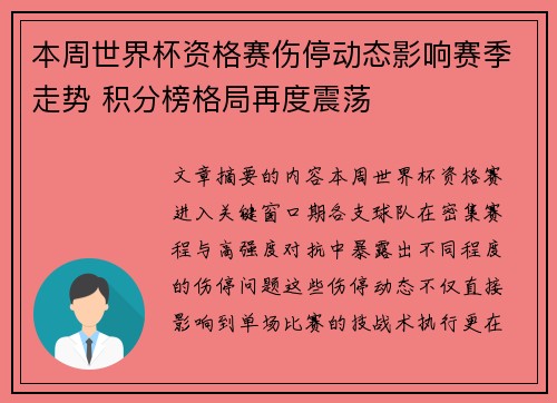 本周世界杯资格赛伤停动态影响赛季走势 积分榜格局再度震荡 本周世界杯资格赛伤停动态影响赛季走势 积分榜格局再度震荡